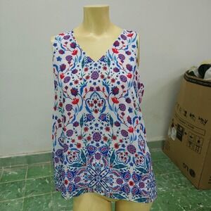 Adrienne Vittadini Womens Floral V-Neck Sleeveless Blouse Top Blue Red White M